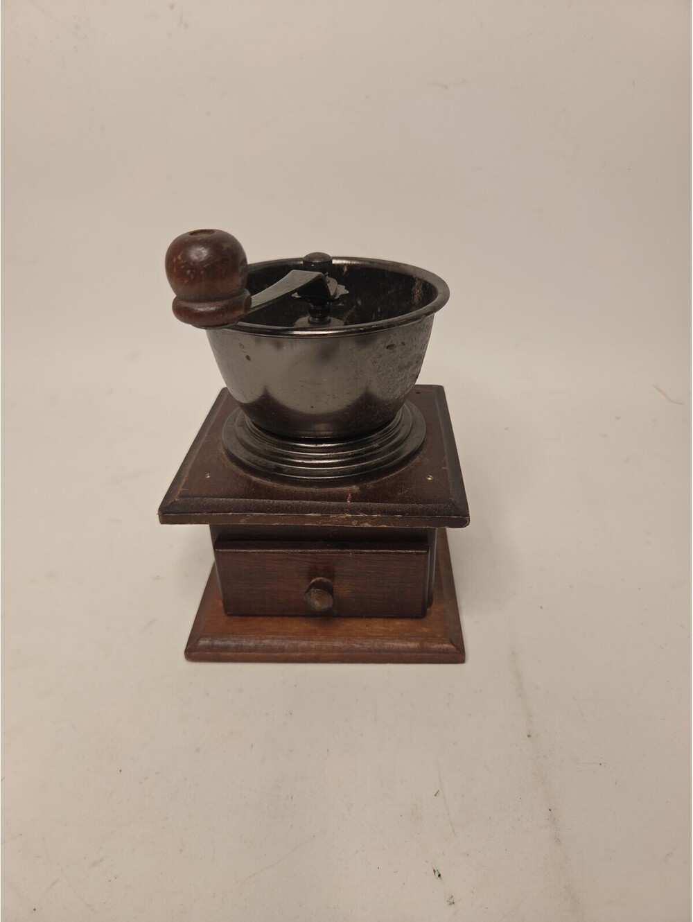 Vintage Primitive Wooden Coffee Grinder w/ Metal Hopper & Hand Crank Burr Mill